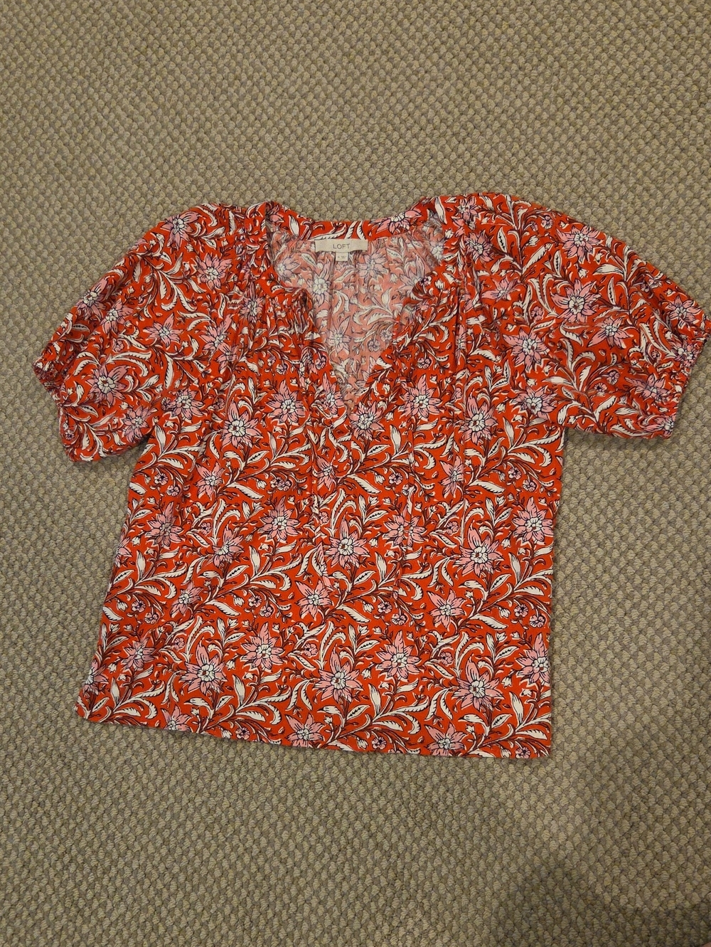 LOFT Orange /Pink Floral Block Print V-Neck Short Sleeve Blouse Sz M